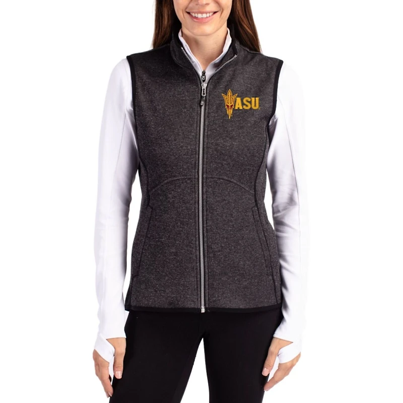 Women's Cutter & Buck Charcoal Arizona State Sun Devils Mainsail Sweater-Knit Full-Zip Asymmetrical Vest