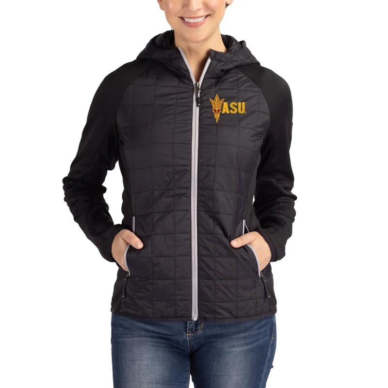 Women's Cutter & Buck Black Arizona State Sun Devils Rainier Primaloft Eco Raglan Full-Zip Hybrid Hooded Jacket