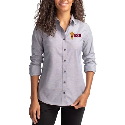Women's Cutter & Buck Charcoal Arizona State Sun Devils Stretch Oxford Long Sleeve Tri-Blend Button-Up Shirt