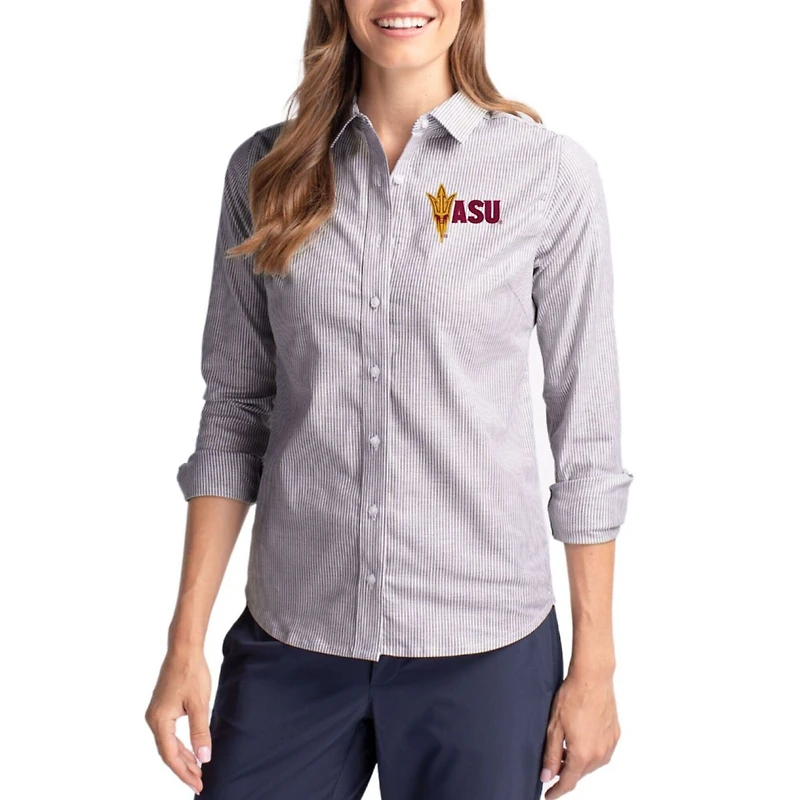 Women's Cutter & Buck Charcoal Arizona State Sun Devils Stretch Oxford Stripe Tri-Blend Long Sleeve Button-Up Shirt