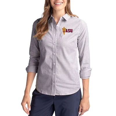 Women's Cutter & Buck Charcoal Arizona State Sun Devils Stretch Oxford Stripe Tri-Blend Long Sleeve Button-Up Shirt