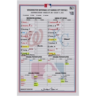 Washington Nationals Game-Used Lineup Card vs. Kansas City Royals on August 11, 2025