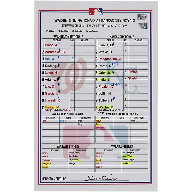 Washington Nationals Game-Used Lineup Card vs. Kansas City Royals on August 12, 2025
