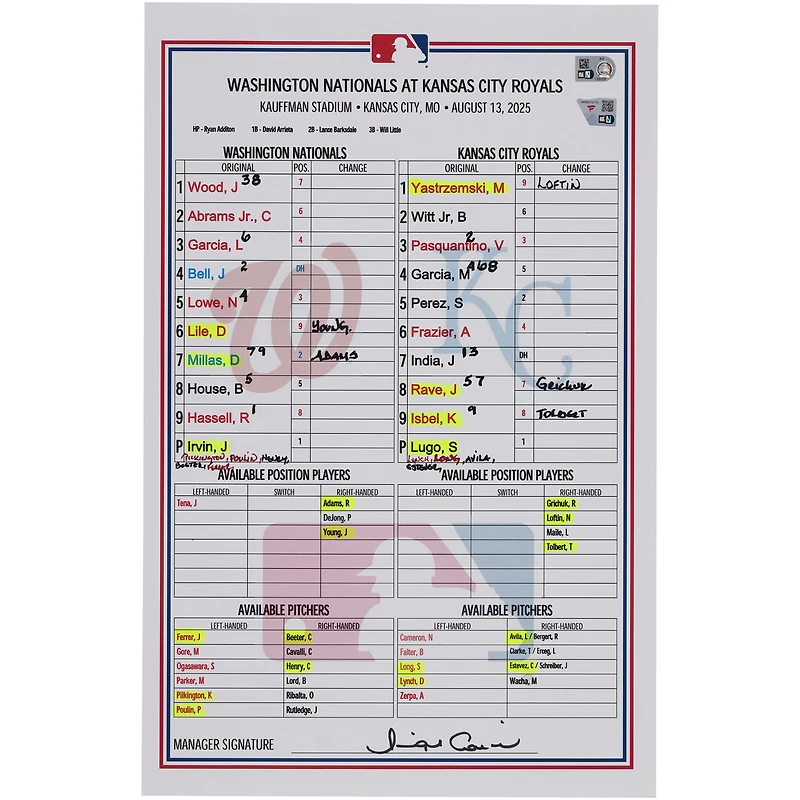 Washington Nationals Game-Used Lineup Card vs. Kansas City Royals on August 13, 2025