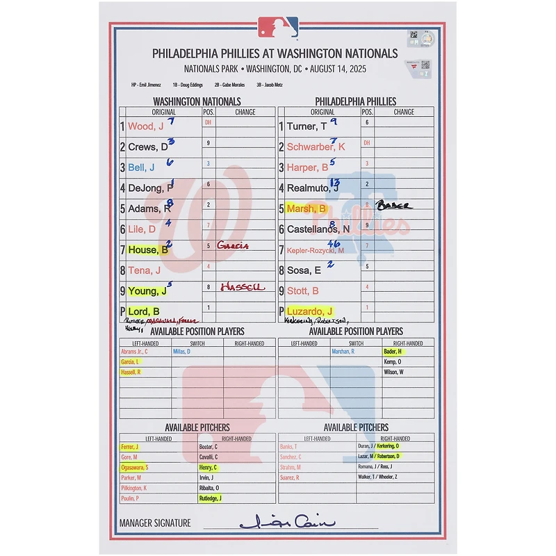 Washington Nationals Game-Used Lineup Card vs. Philadelphia Phillies on August 14, 2025