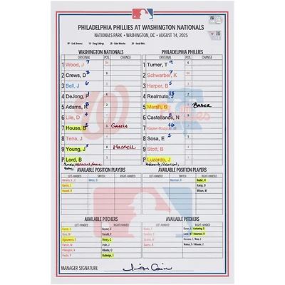 Washington Nationals Game-Used Lineup Card vs. Philadelphia Phillies on August 14, 2025