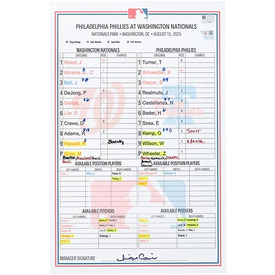 Washington Nationals Game-Used Lineup Card vs. Philadelphia Phillies on August 15, 2025