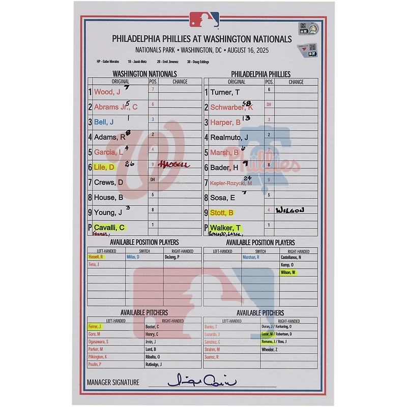 Washington Nationals Game-Used Lineup Card vs. Philadelphia Phillies on August 16, 2025