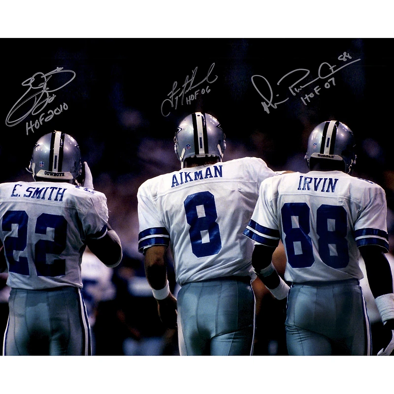 Emmitt Smith, Troy Aikman & Michael Irvin Dallas Cowboys Autographed 16" x 20" Backshot Photograph with Multiple HOF Inscriptions