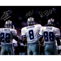 Emmitt Smith, Troy Aikman & Michael Irvin Dallas Cowboys Autographed 16" x 20" Backshot Photograph with Multiple HOF Inscriptions