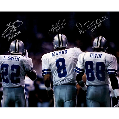 Emmitt Smith, Troy Aikman & Michael Irvin Dallas Cowboys Autographed 16" x 20" Backshot Photograph with Multiple HOF Inscriptions