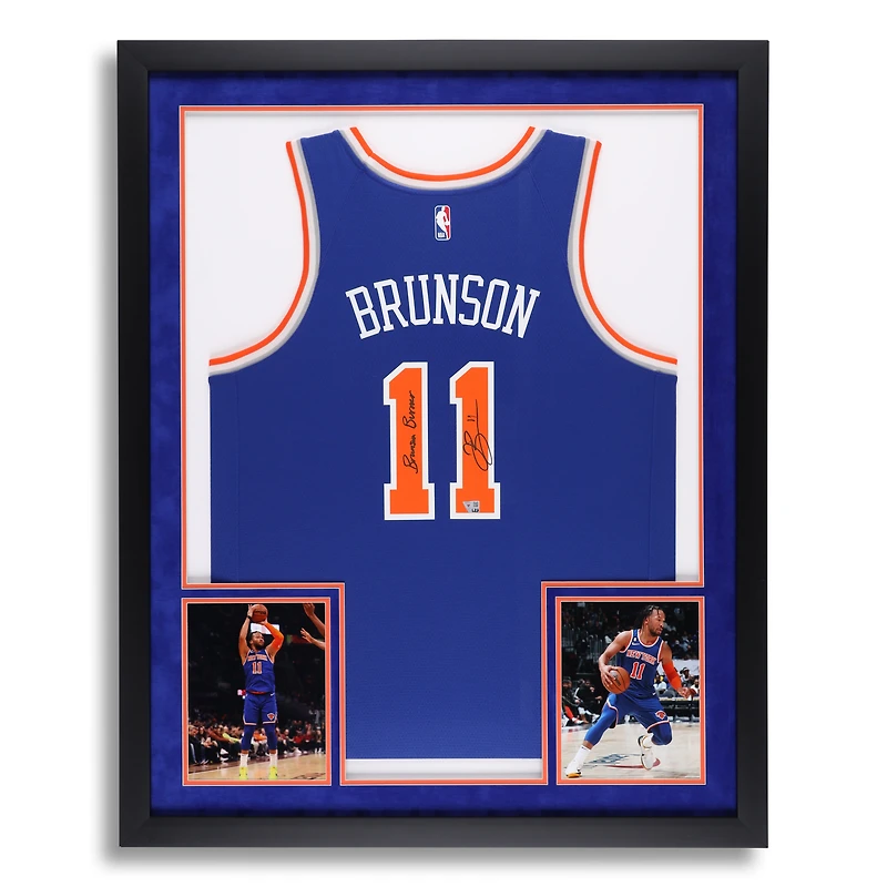 Jalen Brunson New York Knicks Autographed SM Deluxe Framed Blue Nike Icon Edition Swingman Jersey with "Brunson Burner" Inscription
