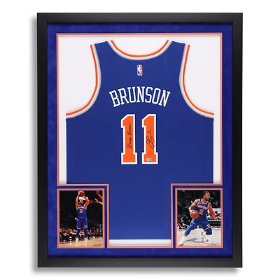 Jalen Brunson New York Knicks Autographed SM Deluxe Framed Blue Nike Icon Edition Swingman Jersey with "Brunson Burner" Inscription