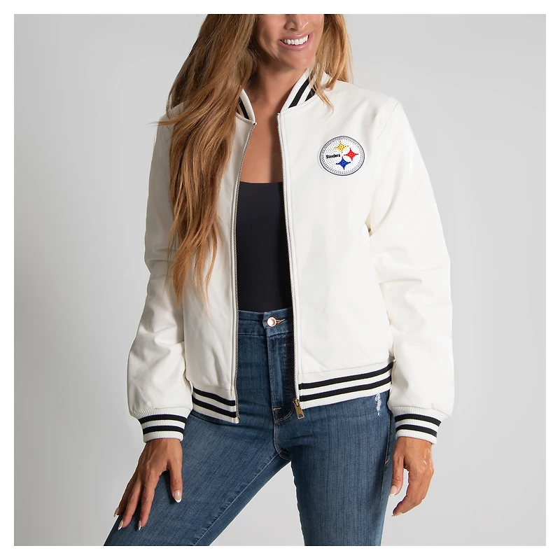 Women's Cuce White Pittsburgh Steelers Vegan Leather Full-Zip Jacket