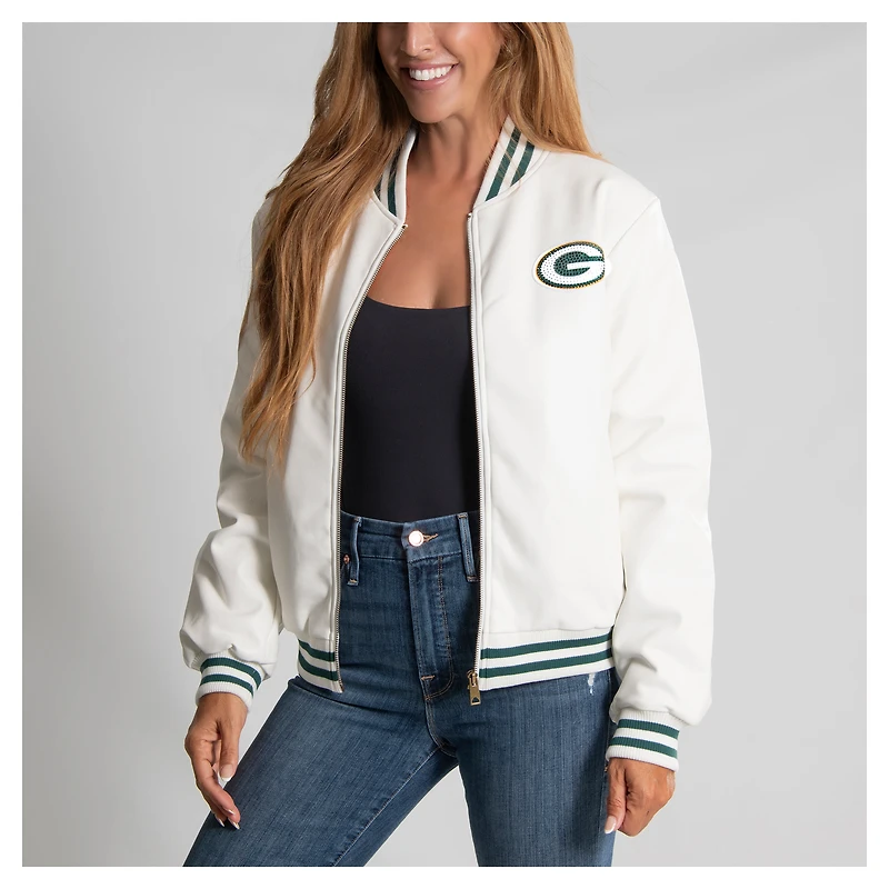 Women's Cuce White Green Bay Packers Vegan Leather Full-Zip Jacket