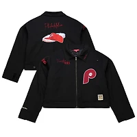 Women's Mitchell & Ness Black Philadelphia Phillies Mechanic Cropped Full-Zip Jacket