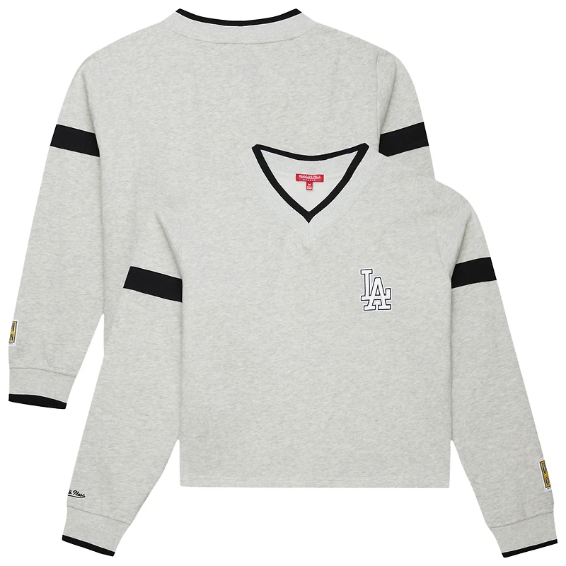 Women's Mitchell & Ness Heather Gray Los Angeles Dodgers Cooperstown Collection V-Neck Cropped Toggle Sweatshirt