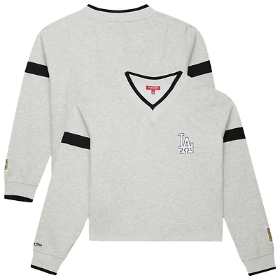 Women's Mitchell & Ness Heather Gray Los Angeles Dodgers Cooperstown Collection V-Neck Cropped Toggle Sweatshirt