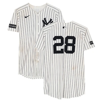 Austin Wells New York Yankees Game-Used #28 White Pinstripe Jersey vs. Minnesota Twins on August 13, 2025