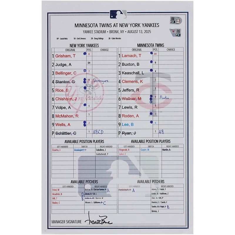New York Yankees Game-Used Lineup Card vs. Minnesota Twins on August 13, 2025