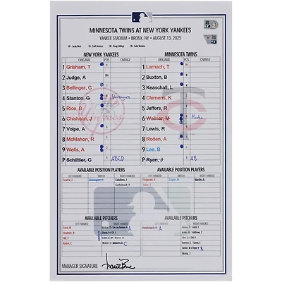 New York Yankees Game-Used Lineup Card vs. Minnesota Twins on August 13, 2025