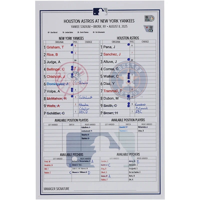 New York Yankees Game-Used Lineup Card vs. Houston Astros on August 8, 2025