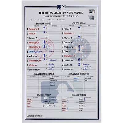 New York Yankees Game-Used Lineup Card vs. Houston Astros on August 8, 2025