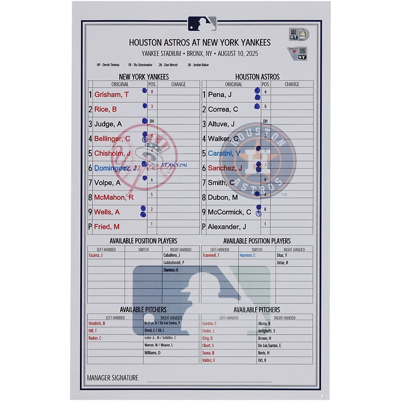New York Yankees Game-Used Lineup Card vs. Houston Astros on August 10, 2025