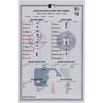 New York Yankees Game-Used Lineup Card vs. Houston Astros on August 10, 2025