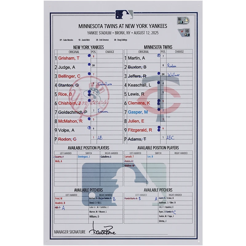 New York Yankees Game-Used Lineup Card vs. Minnesota Twins on August 12, 2025