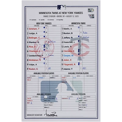 New York Yankees Game-Used Lineup Card vs. Minnesota Twins on August 12, 2025
