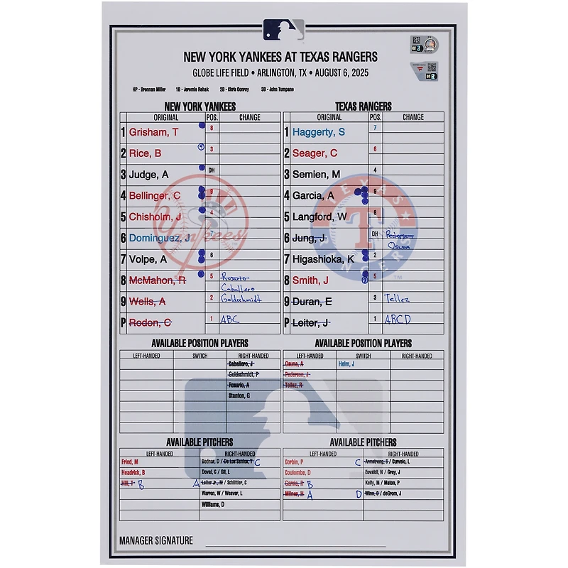 New York Yankees Game-Used Lineup Card vs. Texas Rangers on August 6, 2025