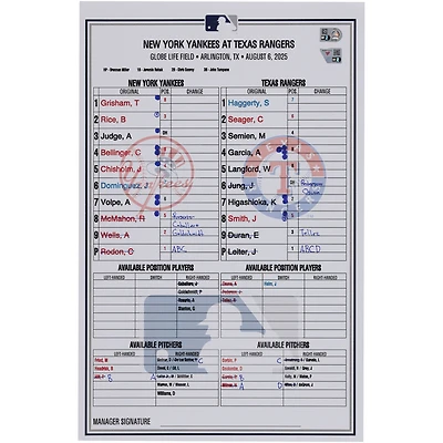 New York Yankees Game-Used Lineup Card vs. Texas Rangers on August 6, 2025