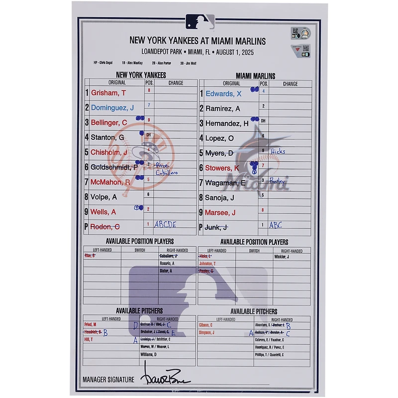New York Yankees Game-Used Lineup Card vs. Miami Marlins on August 1, 2025