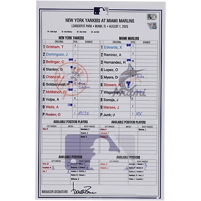 New York Yankees Game-Used Lineup Card vs. Miami Marlins on August 1, 2025