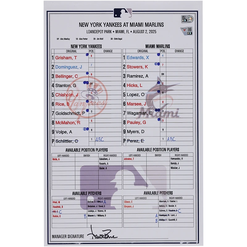New York Yankees Game-Used Lineup Card vs. Miami Marlins on August 2, 2025