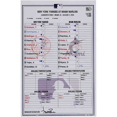 New York Yankees Game-Used Lineup Card vs. Miami Marlins on August 2, 2025