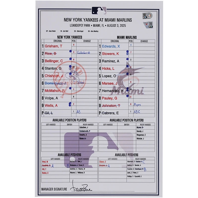 New York Yankees Game-Used Lineup Card vs. Miami Marlins on August 3, 2025