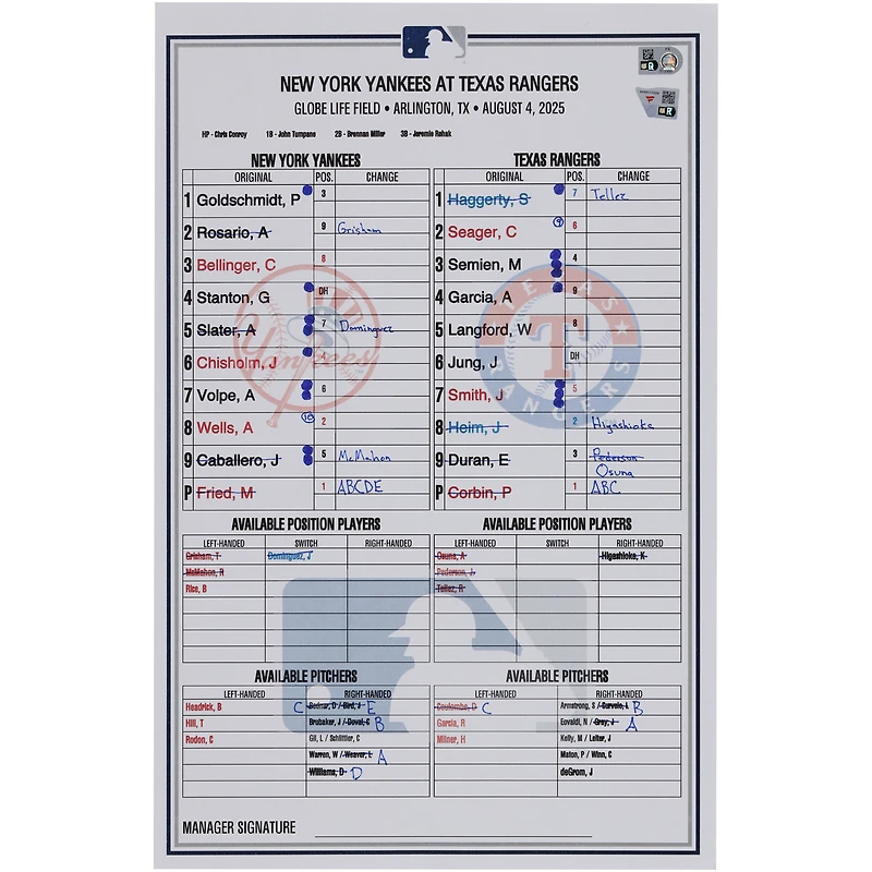New York Yankees Game-Used Lineup Card vs. Texas Rangers on August 4, 2025