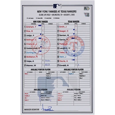 New York Yankees Game-Used Lineup Card vs. Texas Rangers on August 5, 2025