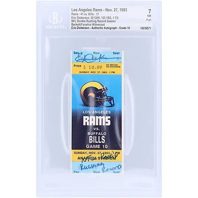 Eric Dickerson Los Angeles Rams Autographed NFL Rookie Rushing Record Season Beckett Fanatics Witnessed Authenticated 7/10 Ticket from November 27, 1983 with "NFL Rookie Rushing Record" Inscription