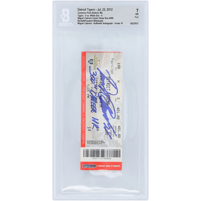 Miguel Cabrera Detroit Tigers Autographed 300th Career Home Run Beckett Fanatics Witnessed Authenticated /10 Ticket from July 22
