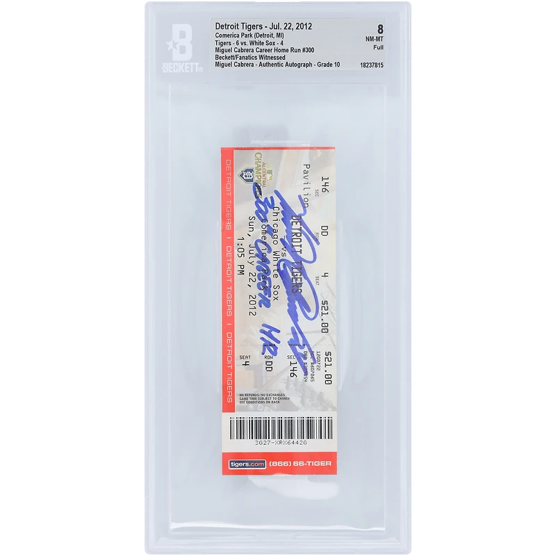 Miguel Cabrera Detroit Tigers Autographed 300th Career Home Run Beckett Fanatics Witnessed Authenticated 8/10 Ticket from July 22, 2012 with "300th Career HR" Inscription
