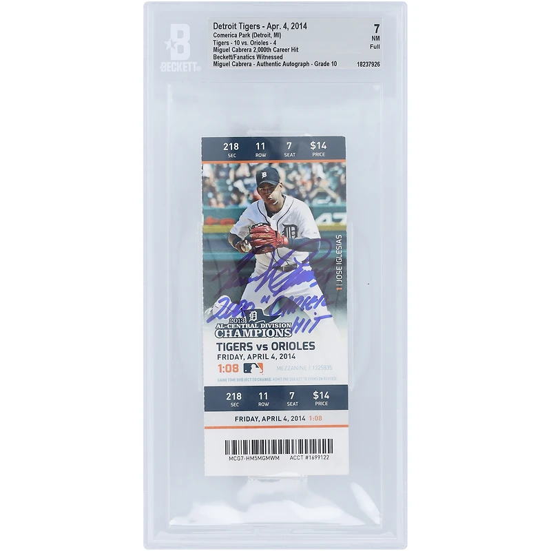 Miguel Cabrera Detroit Tigers Autographed 2,000th Career Hit Beckett Fanatics Witnessed Authenticated 7/10 Ticket from April 04, 2014 with "2000th Career Hit" Inscription