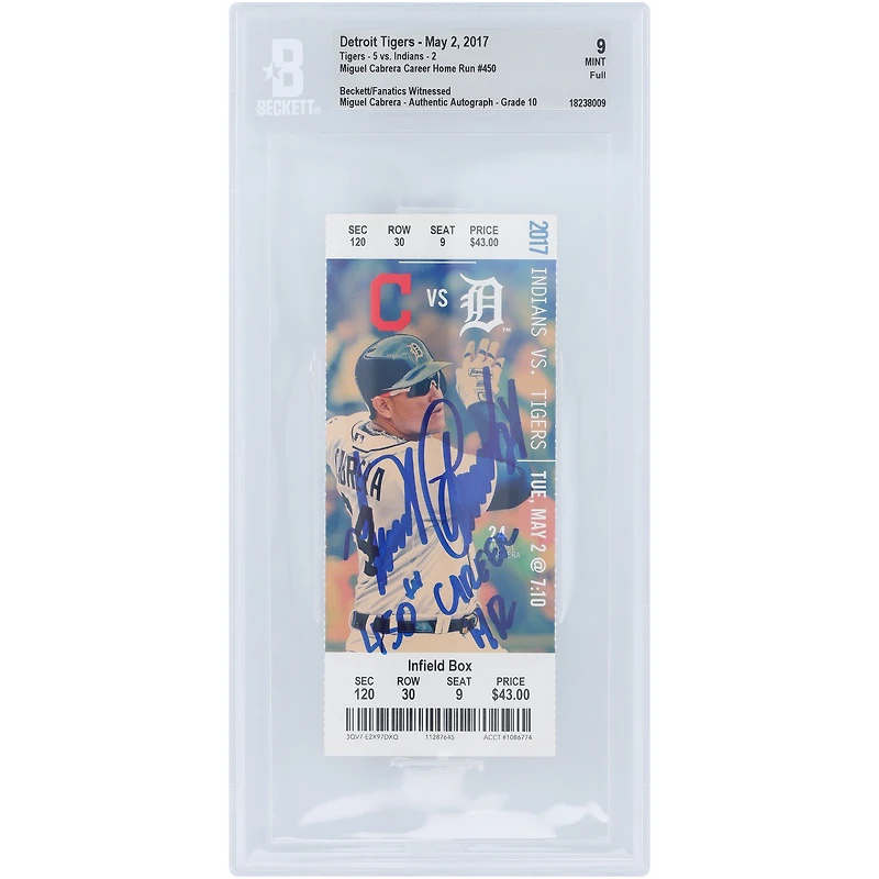 Miguel Cabrera Detroit Tigers Autographed 450th Career Home Run Beckett Fanatics Witnessed Authenticated 9/10 Ticket from May 02, 2017 with "450th Career HR" Inscription