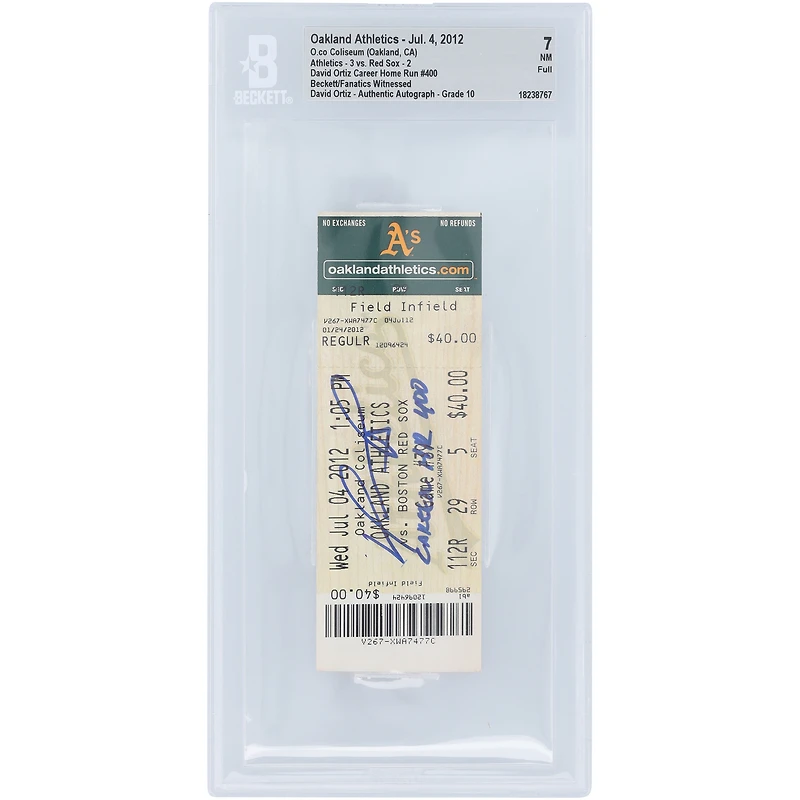 David Ortiz Boston Red Sox Autographed 400th Career Home Run Beckett Fanatics Witnessed Authenticated 7/10 Ticket from July 04, 2012 with "Career HR 400" Inscription