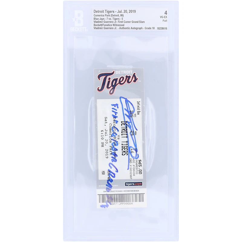 Vladimir Guerrero Jr. Toronto Blue Jays Autographed First Career Grand Slam Beckett Fanatics Witnessed Authenticated 4/10 Ticket from July 20, 2019 with "1st Career Grand Slam" Inscription