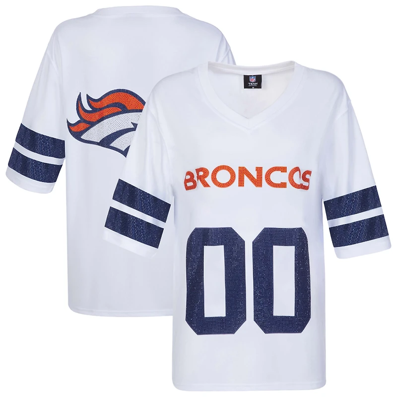 Women's Cuce White Denver Broncos Rhinestone V-Neck Tunic