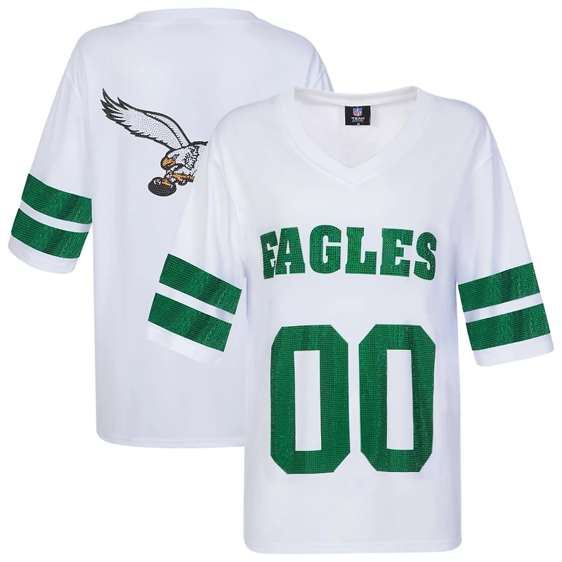 Women's Cuce White Philadelphia Eagles Rhinestone V-Neck Tunic