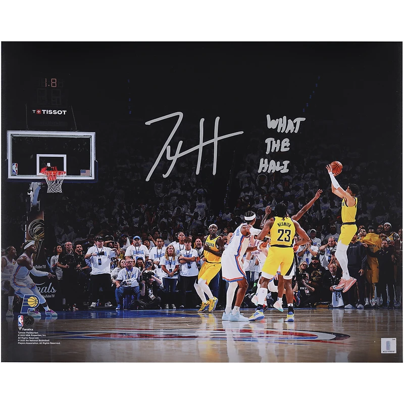 Tyrese Haliburton Indiana Pacers Autographed 16" x 20" 2025 NBA Finals Game 1 Game-Winning Shot vs. Oklahoma City Thunder Game-Winning Shot Photograph with "What the Hali" Inscription